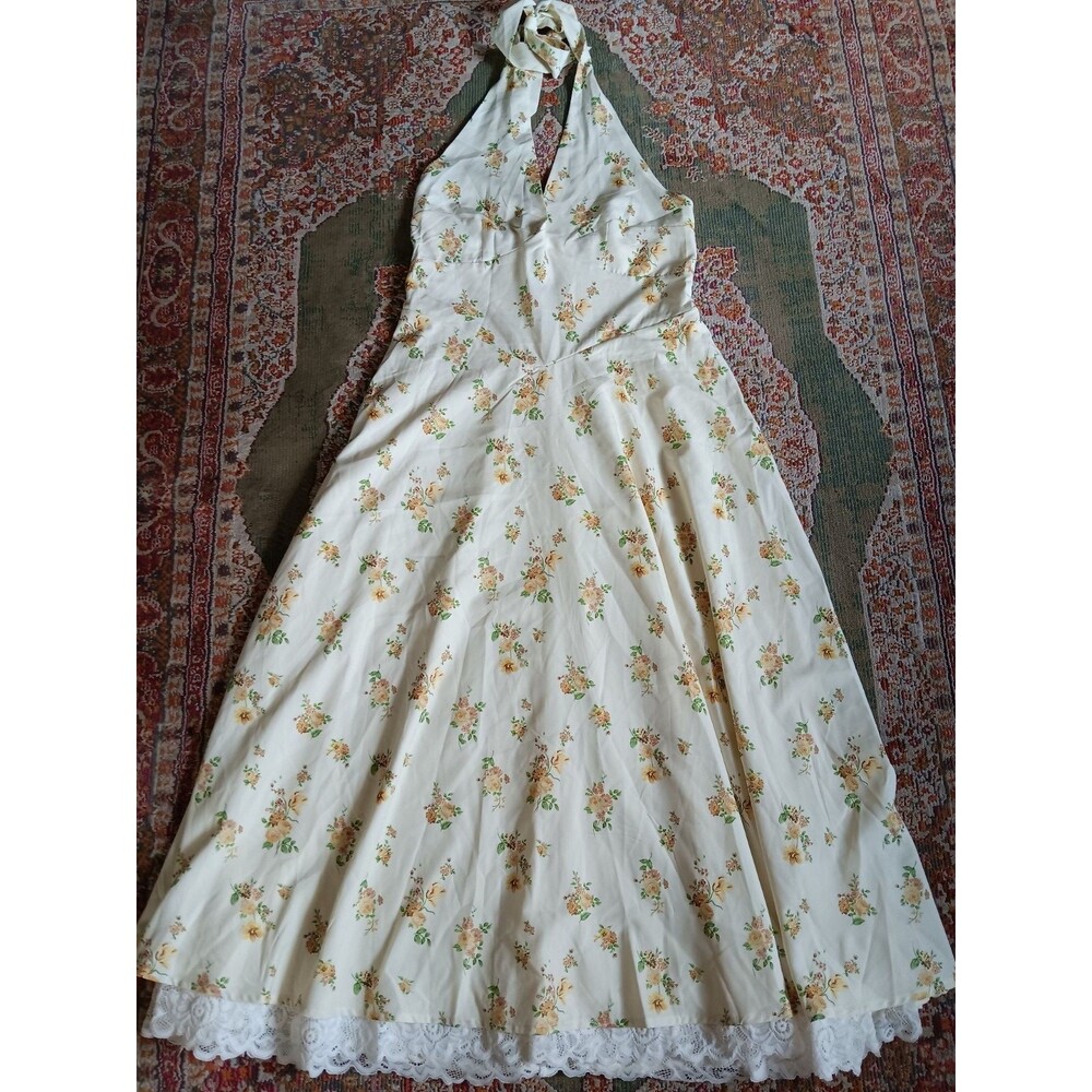 Vintage 80s Cottage Core Halter Summer Dress Yellow Floral Size L